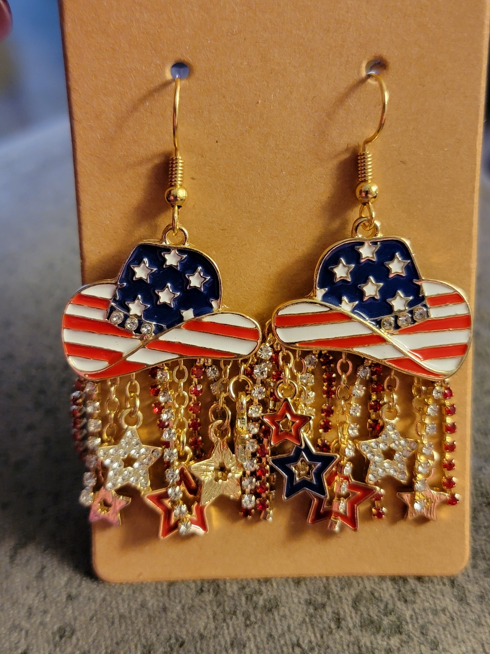 Handcrafted American Flag Cowboy Hat Dangle Earrings